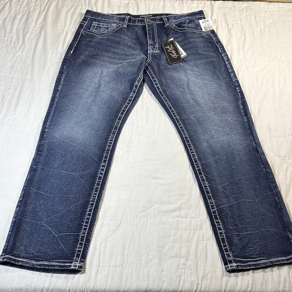 Western Streetwear Men's Straight Leg Classic Blue Weathered Jeans NWT 36x32